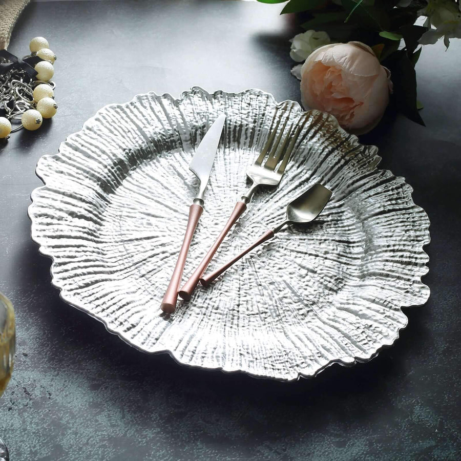 6 Pack | 13Inch Silver Round Reef Acrylic Plastic Charger Plates, Dinner Charger Plates