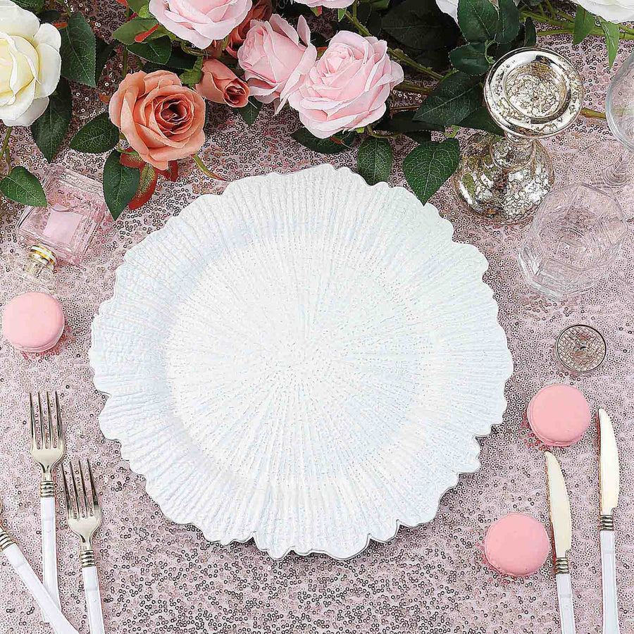 Elegant white plate with textured design on a decorative table setting.