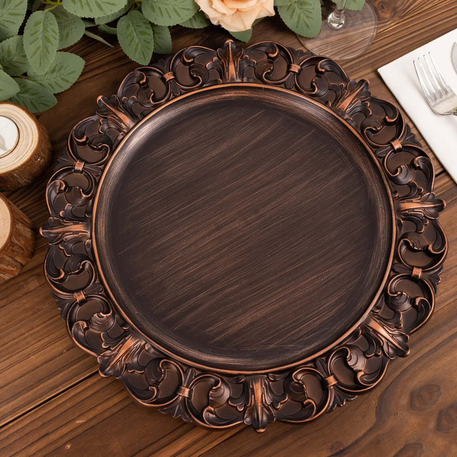 6 Pack Dark Brown Retro Baroque Acrylic Charger Plates With Ornate Embossed Rim Round Aristocrat