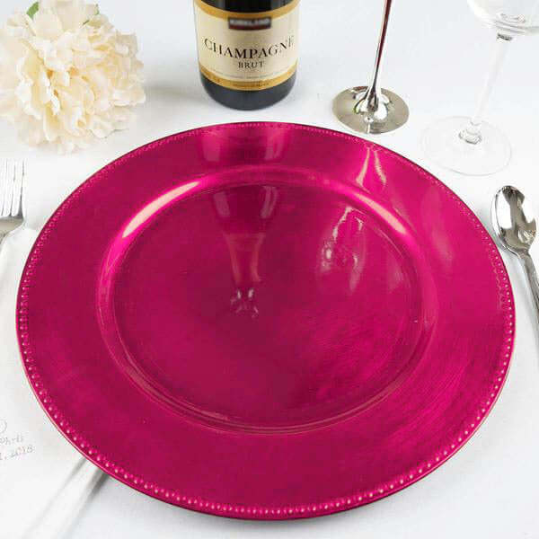 6 Pack 13inch Beaded Hot Pink Acrylic Charger Plate, Plastic Round Dinner Charger Event