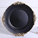 6 Pack | 13inch Matte Black Gold Embossed Baroque Round Charger Plates With Antique Design Rim