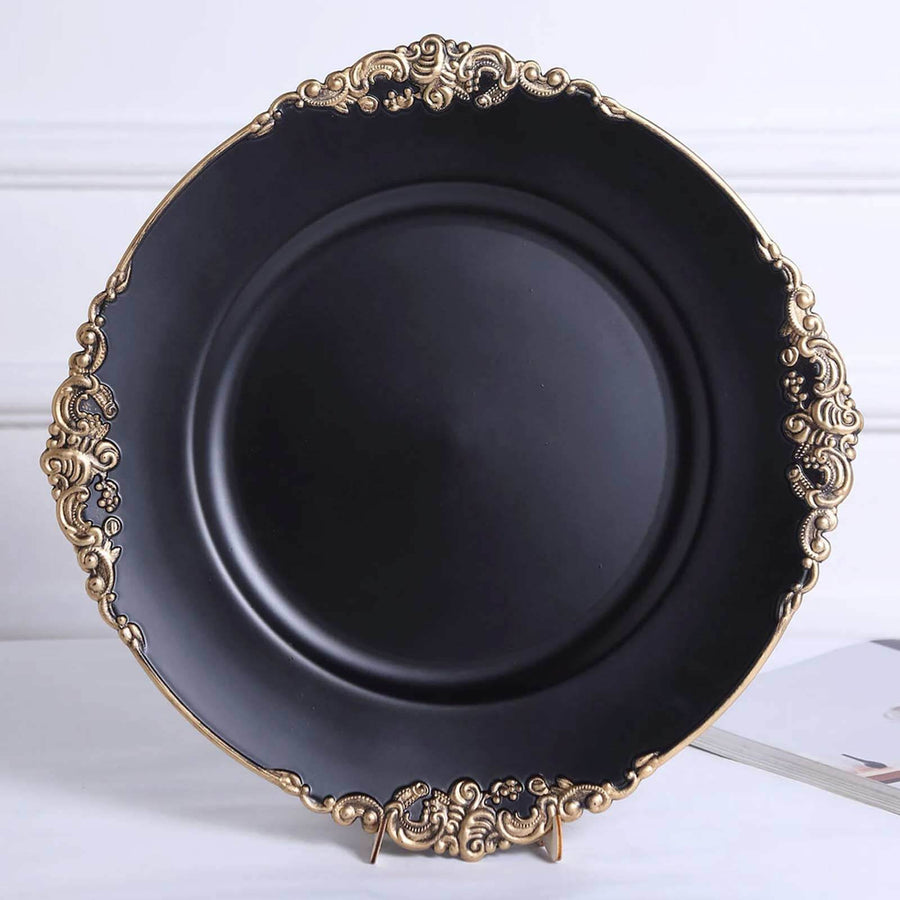 6 Pack | 13inch Matte Black Gold Embossed Baroque Round Charger Plates With Antique Design Rim