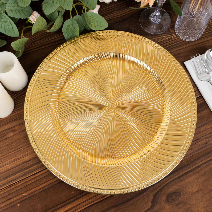 6 Pack Metallic Gold Swirl Pattern Round Acrylic Charger Plates With Beaded Rim