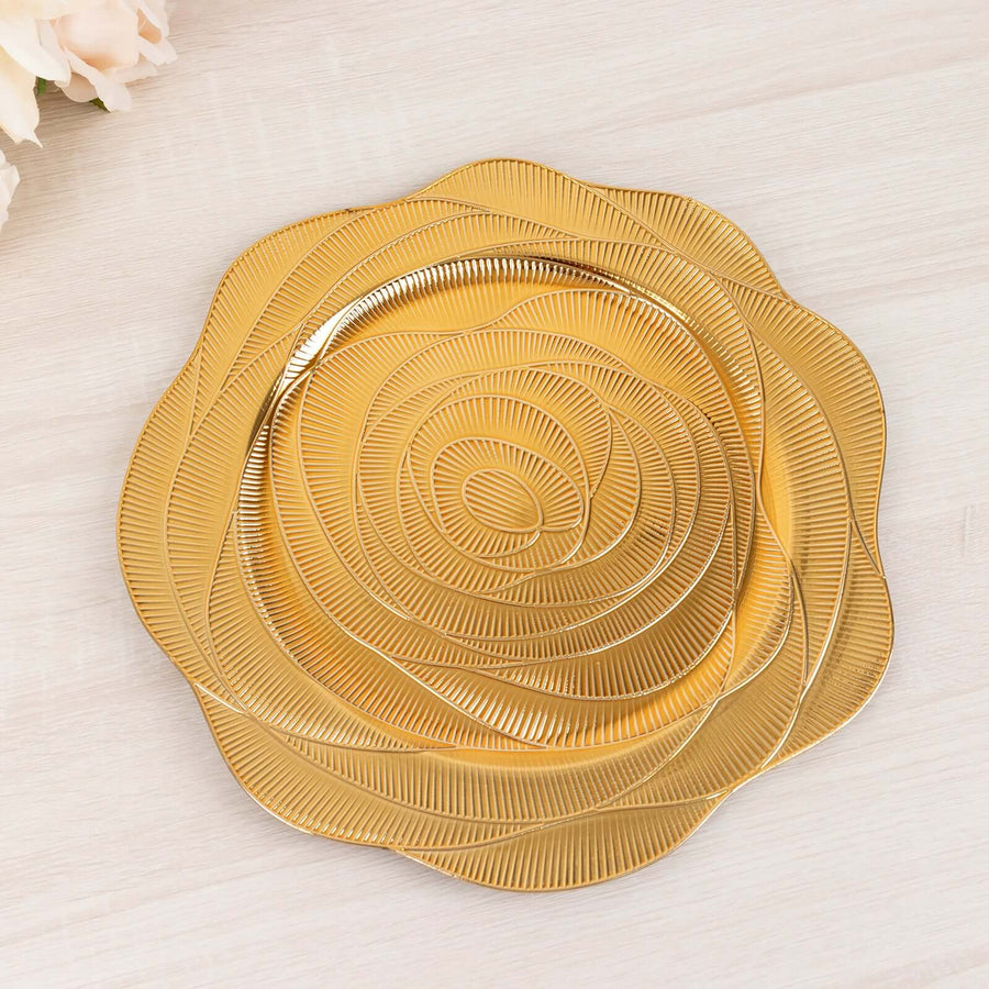 Gold decorative plate with a textured floral design.