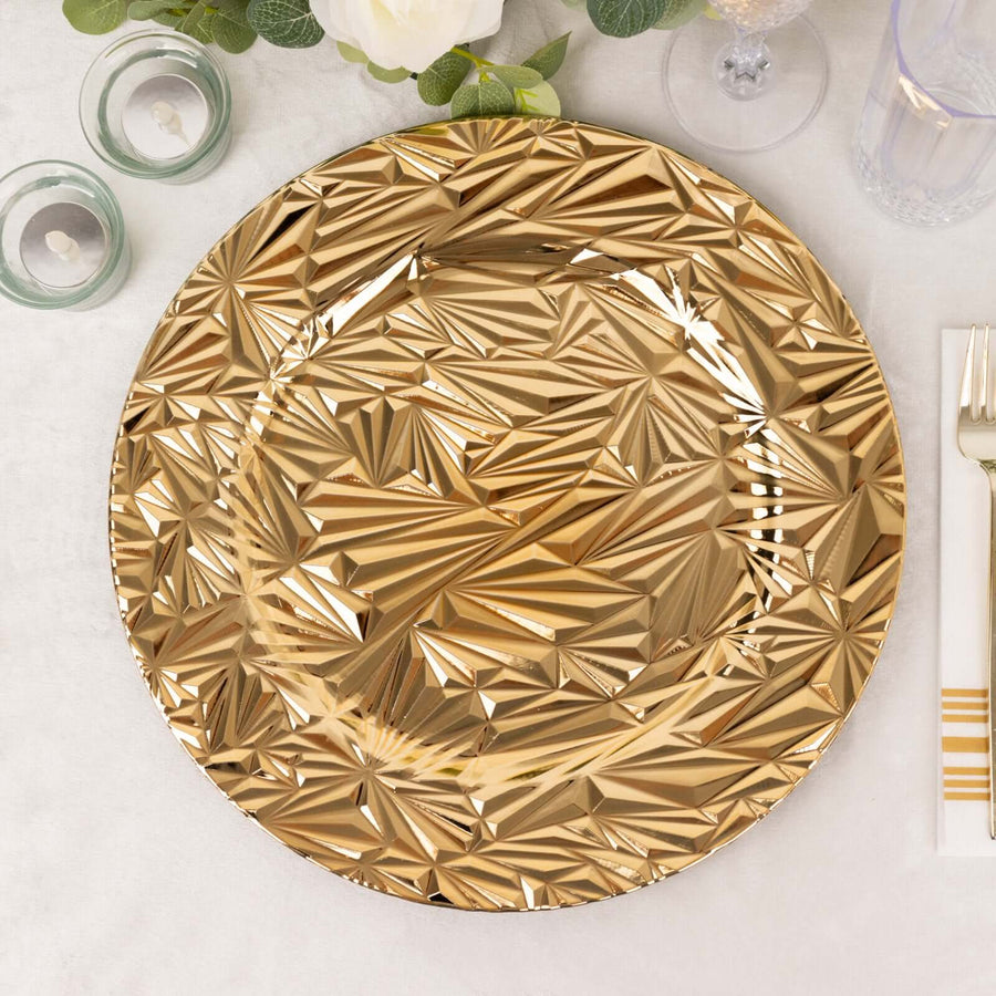 Gold textured decorative plate with geometric design.