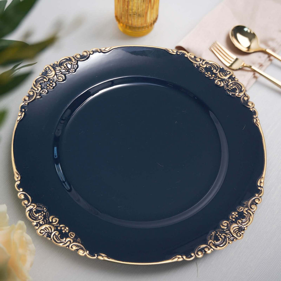 6 Pack | 13inch Navy Blue Gold Embossed Baroque Round Charger Plates With Antique Design Rim