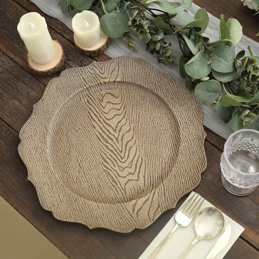 Elegant wood-grain serving platter on a rustic table setting with greenery.