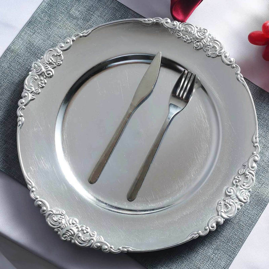 6 Pack | 13inch Silver Embossed Baroque Round Charger Plates With Antique Design Rim