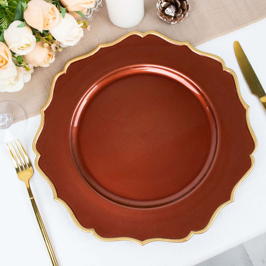 Copper charger plate with gold rim on a table setting.
