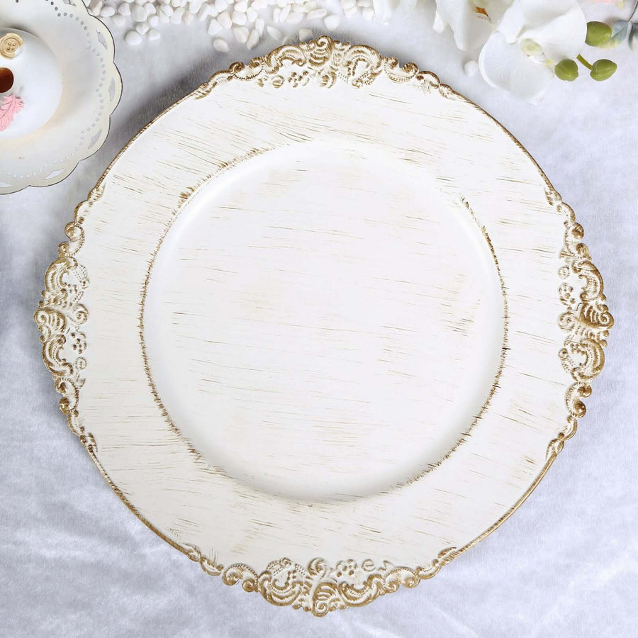 6 Pack | 13inch White Washed Gold Embossed Baroque Charger Plates, Round With Antique Design Rim
