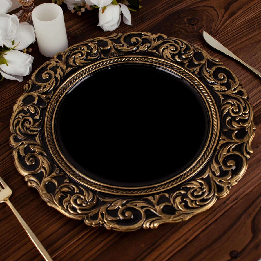 Elegant gold ornate plate on a rustic wooden table.