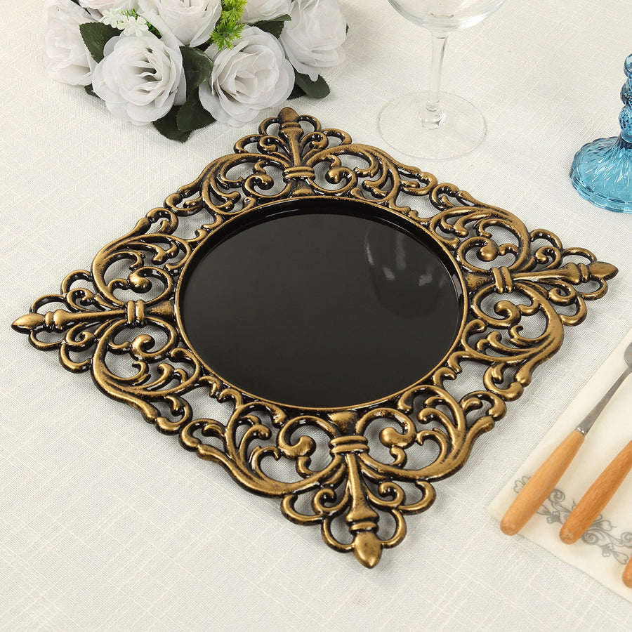 6 Pack Black Square Acrylic Charger Plates with Gold Hollow Lace Border