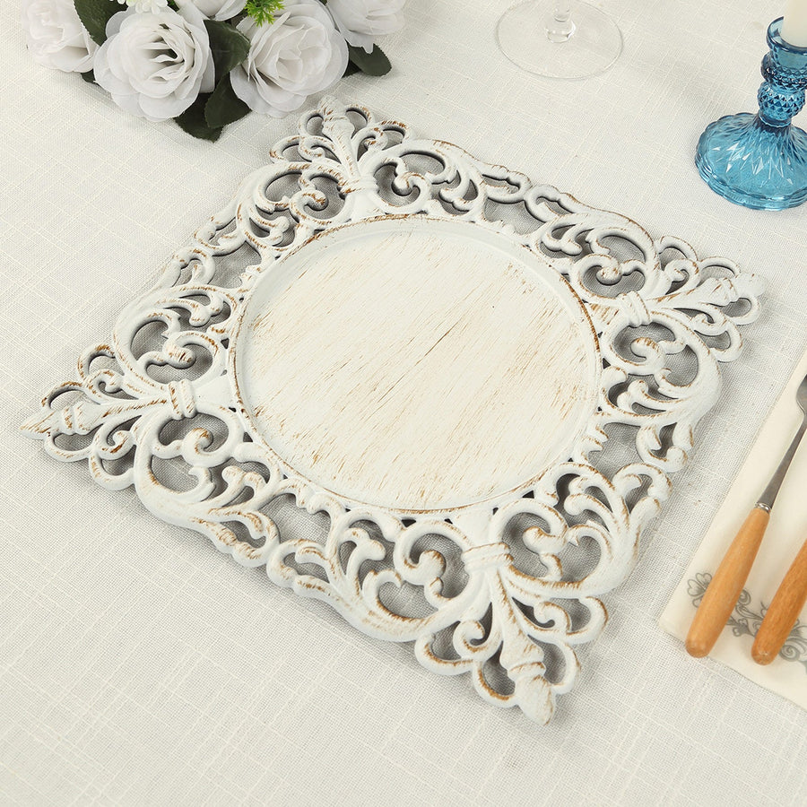 6-Pack Acrylic Square Charger Plates 12" Antique White with Hollow Lace Border, Event Tabletop Decorative Charger Tableware