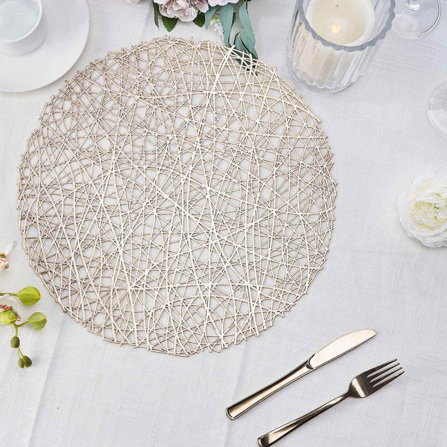 6 Pack Champagne Metallic Vinyl Placemats, Woven Non-Slip Round Table Mats 15"