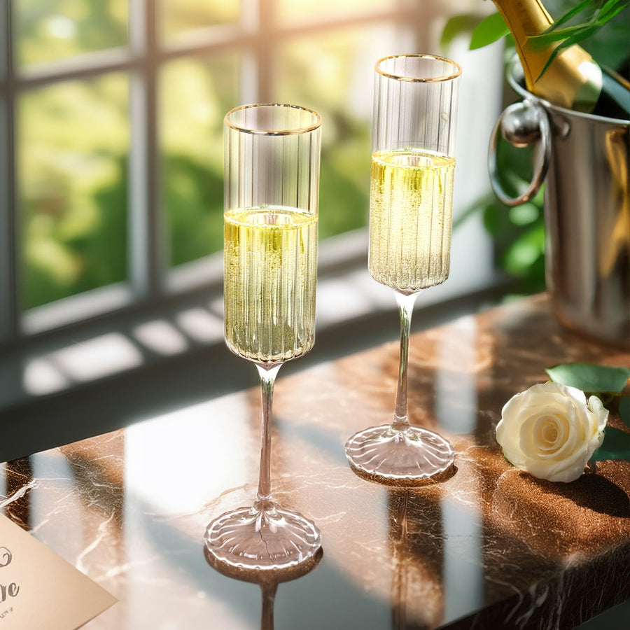 6-Pack Clear Modern Champagne Flutes – 7oz Real Glass, Ribbed Cylindrical Design with Gold Rim, Elegant Toasting Glasses for Weddings & Celebrations – 9.5" Tall
