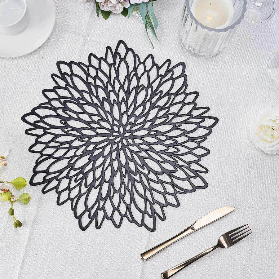 6 Pack Black Vinyl Placemats, Decorative Floral Non-Slip Round Dining Table Mats 15"