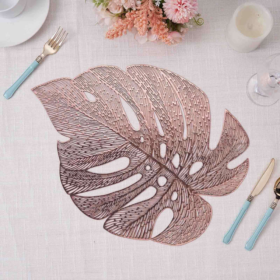 6 Pack Rose Gold Vinyl Placemats, Monstera Leaf Non-Slip Dining Table Mats 18"