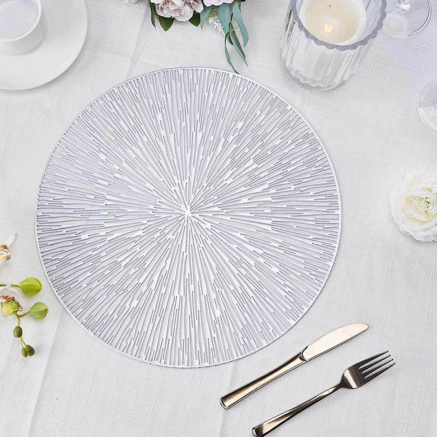Decorative round placemat with a textured design on a dining table.