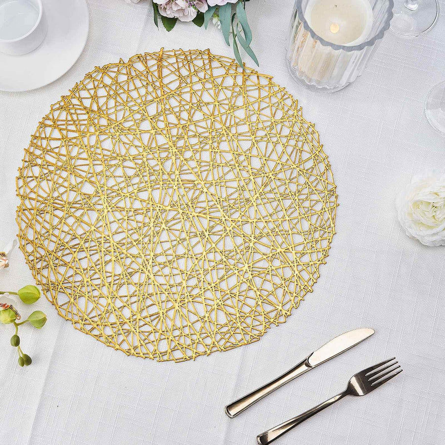 6 Pack Gold Metallic Vinyl Placemats, Woven Non-Slip Round Table Mats 15"
