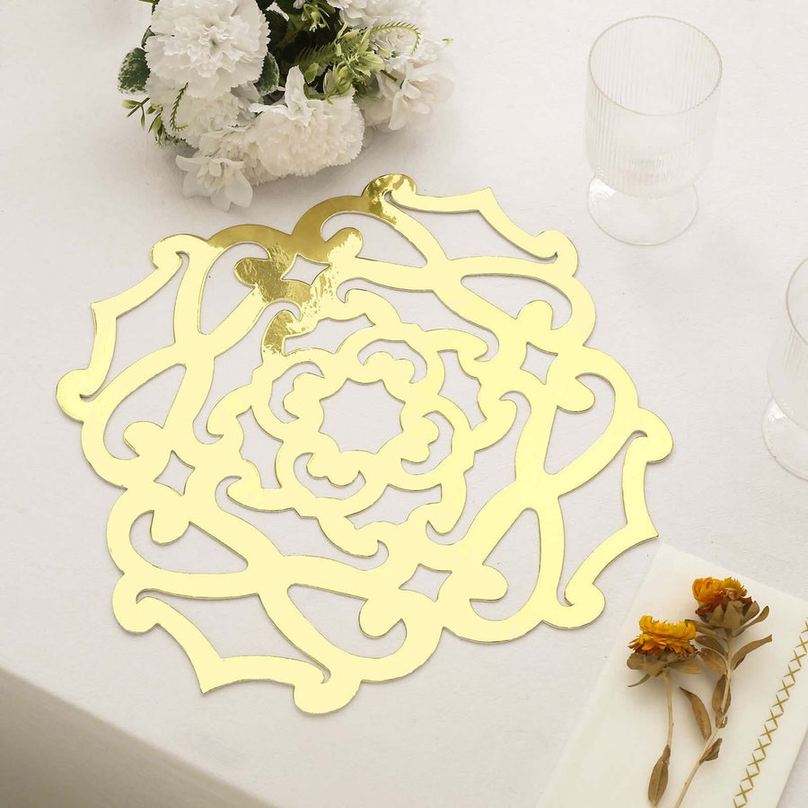 6 Pack Metallic Gold Laser Cut Flower Dining Table Mats, 13inch Disposable Cardboard Placemats