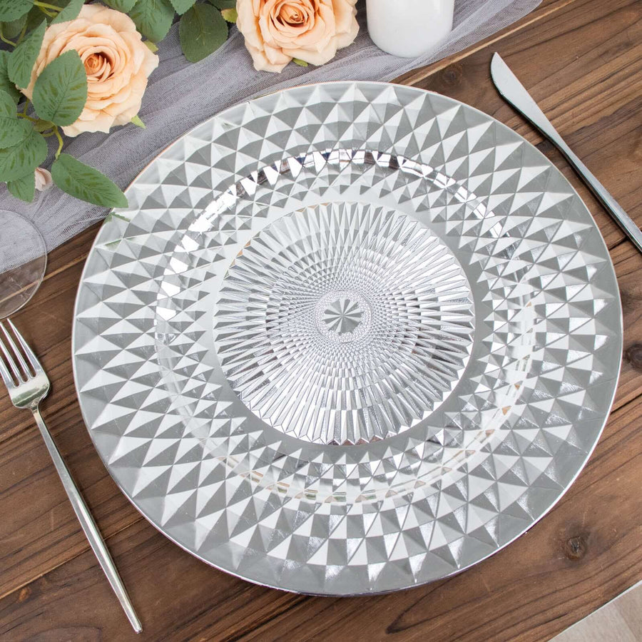 6 Pack | 13inch Shiny Silver Diamond Pattern Plastic Charger Plates