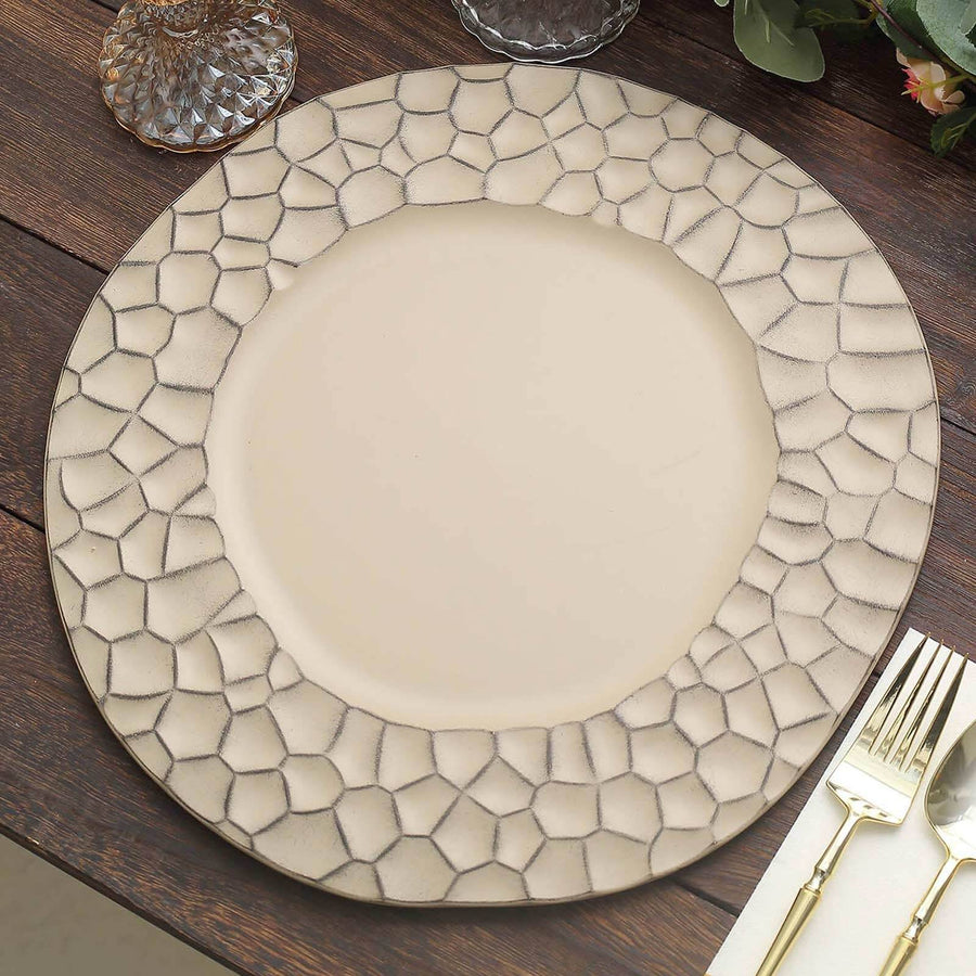 6 Pack Matte Finish Taupe Hammered Charger Plates, Flat Modern Dinner Serving Plates