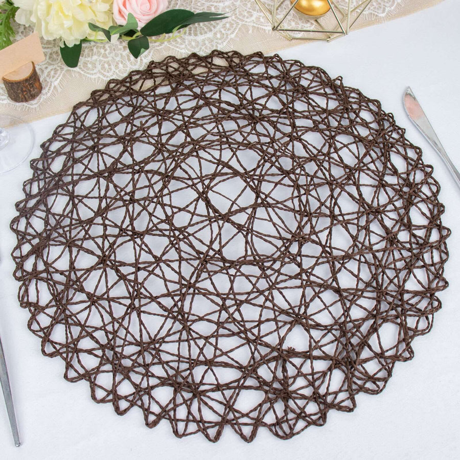 6 Pack | 15inch Chocolate Brown Paper Fiber Woven Placemats, Round Table Mats