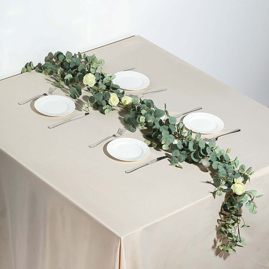 6ft | Green/Ivory Artificial Eucalyptus Leaf, Rose Flower Garland Vine