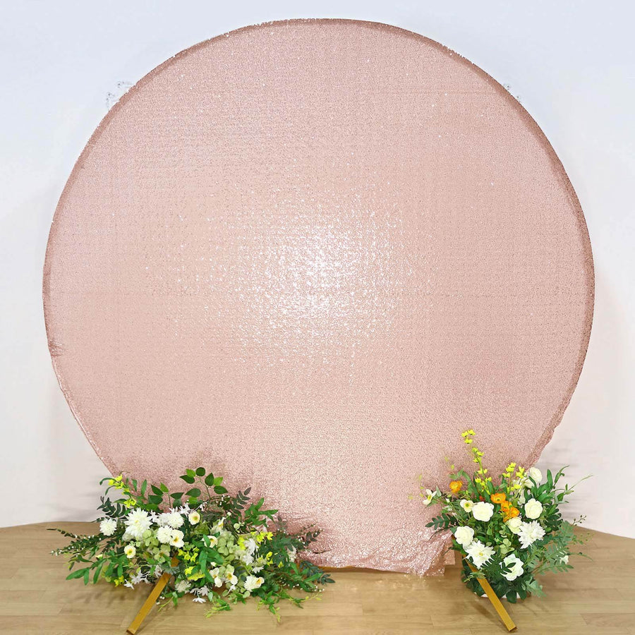 7.5ft Metallic Blush Rose Gold Sequin Round Wedding Arch Cover, Shiny Photo Backdrop Stand Cover