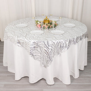 Elevate Your Event with the Silver Wave Mesh Square Table Overlay