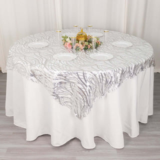 Elevate Your Event with the Silver Wave Mesh Square Table Overlay Elevate Your Event with the Silver Wave Mesh Square Table Overlay