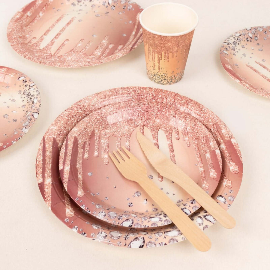 72 Pcs Rose Gold Disposable Dinnerware Set With Diamonds Glitter Drip Pattern