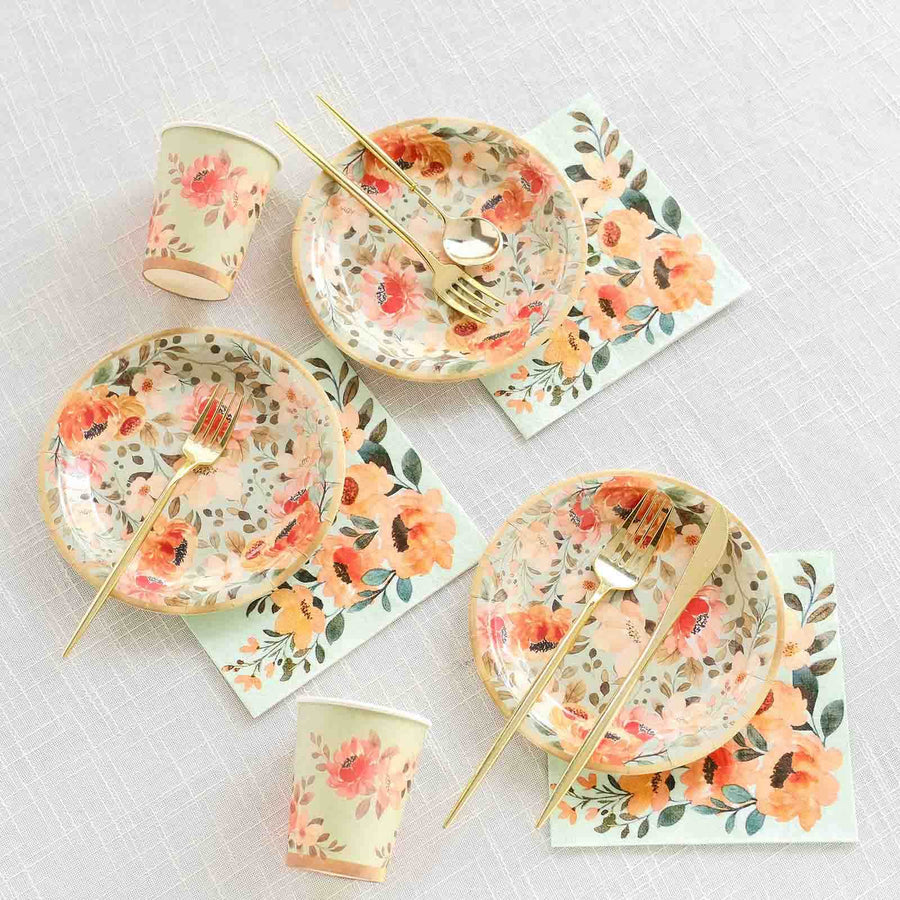 72 Pcs Sage Green Disposable Tableware Set With Pink Floral Print