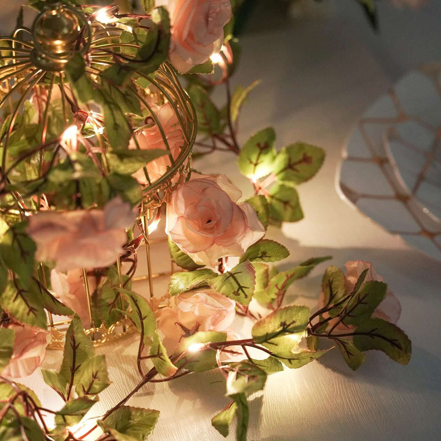 7ft 20 LED Blush / Rose Gold Silk Rose Flower Garland Vine String Lights, Battery Operated