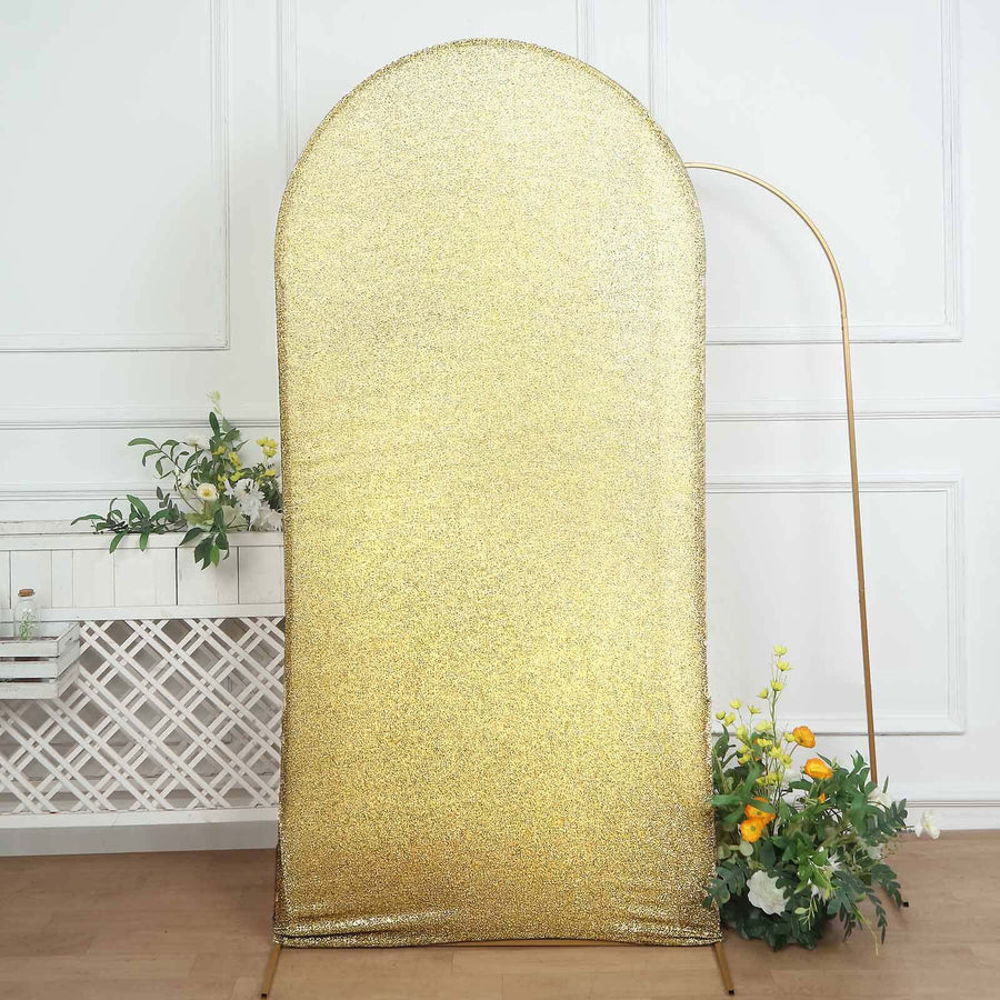 Gold sequin backdrop with a curved top for photography and events.