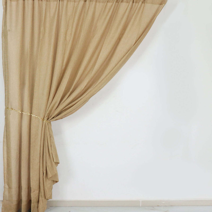 Beige curtain draped elegantly with a gold tieback on a white background.