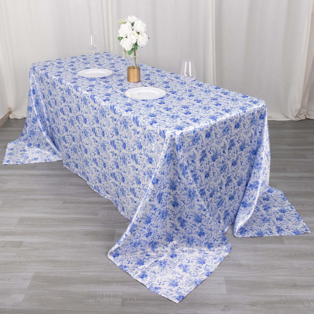 90"x132" White Blue Chinoiserie Seamless Satin Rectangular Tablecloth