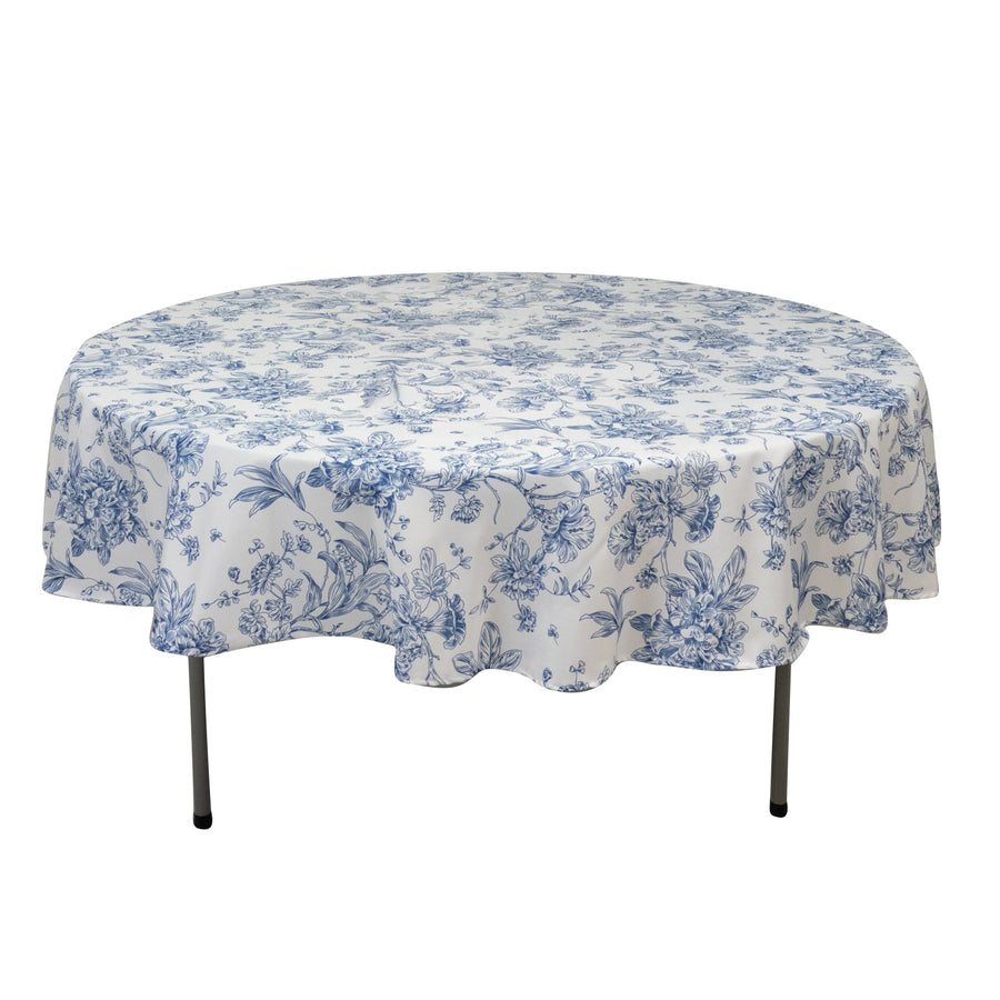Polyester 90inch Round Tablecloth White - Blue French Toile Pattern for Chic Weddings