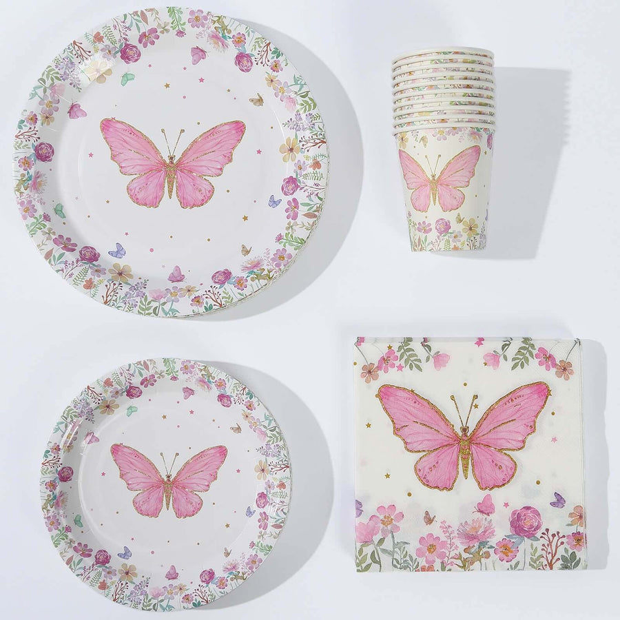 Butterfly-themed party plates, cups, and napkins on a white background.