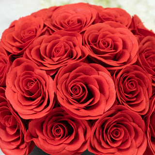 Red paper rose bouquet with detailed petals and vibrant color.