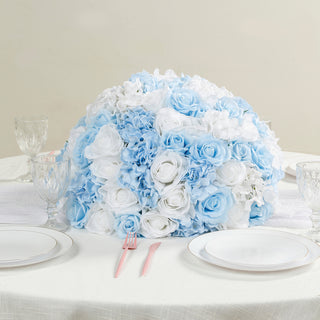 Blue and white floral centerpiece for elegant table settings.