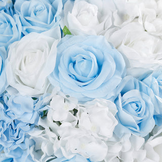 Blue and white artificial flower arrangement.