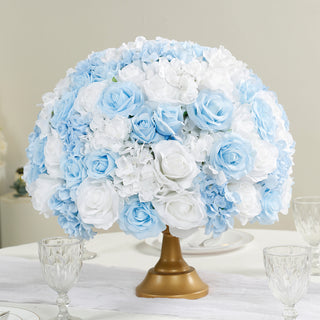 Blue and white floral centerpiece in a gold vase
