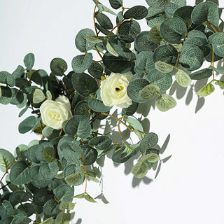 Enhance Your Event Decor with the Green/Ivory Artificial Eucalyptus Leaf and Rose Flower Garland Vine