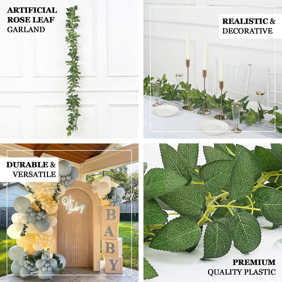 6ft | Real Touch Green Artificial Silk Rose Leaf Hanging Vine, Greenery Table Garland