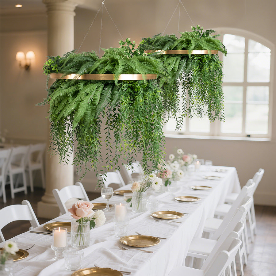 Large Faux Greenery Hoop Chandelier – 24inch Gold Ring 42inch Draping Fern for Boho or Garden-Themed