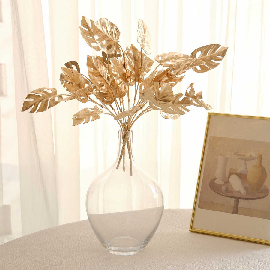 4 Pack Metallic Gold Artificial Monstera Leaves Bunches, 14inch Tropical Palm Leaf Bushes Vase
