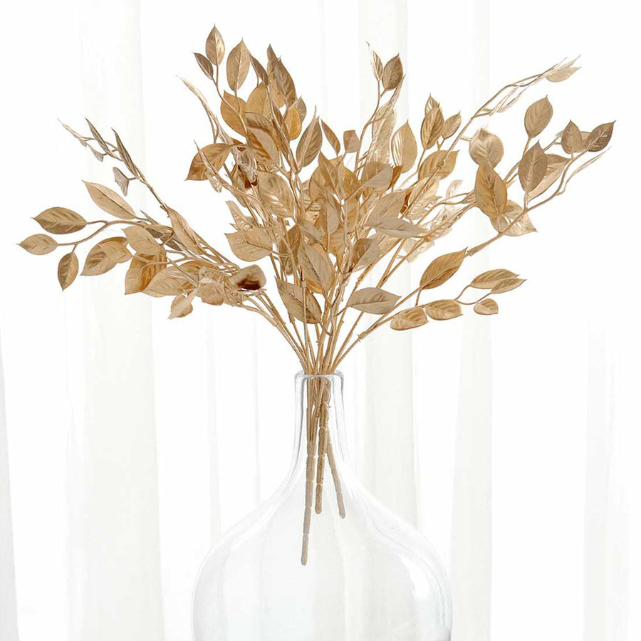 4 Pack Metallic Gold Faux Italian Ruscus Leaves Stems Artificial Plant Branches Vase Fillers