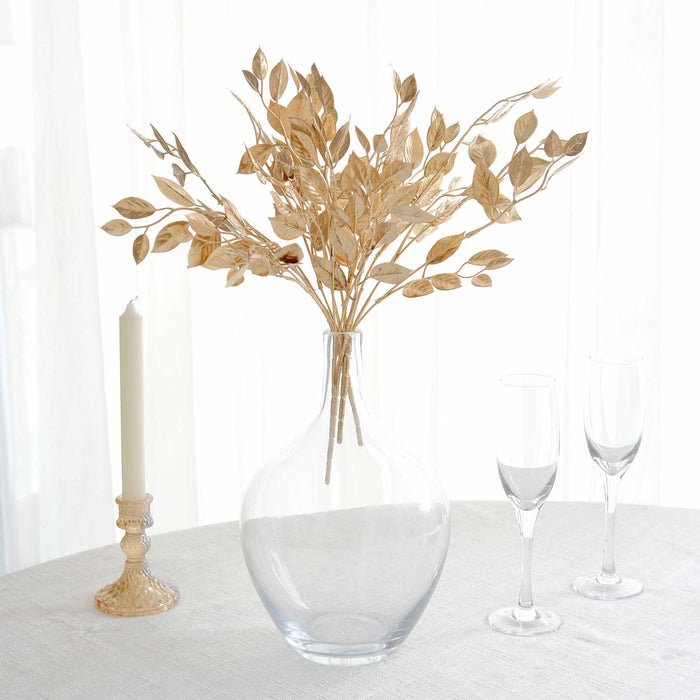 4 Pack Metallic Gold Faux Italian Ruscus Leaves Stems Artificial Plant Branches Vase Fillers