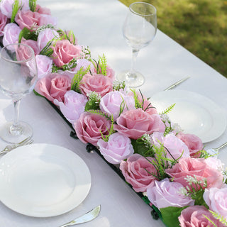 Elegant Blush Dusty Rose Silk Flower Panel Table Runner